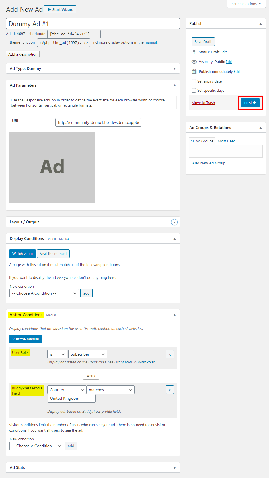 Advanced Ads – Creating a new ad