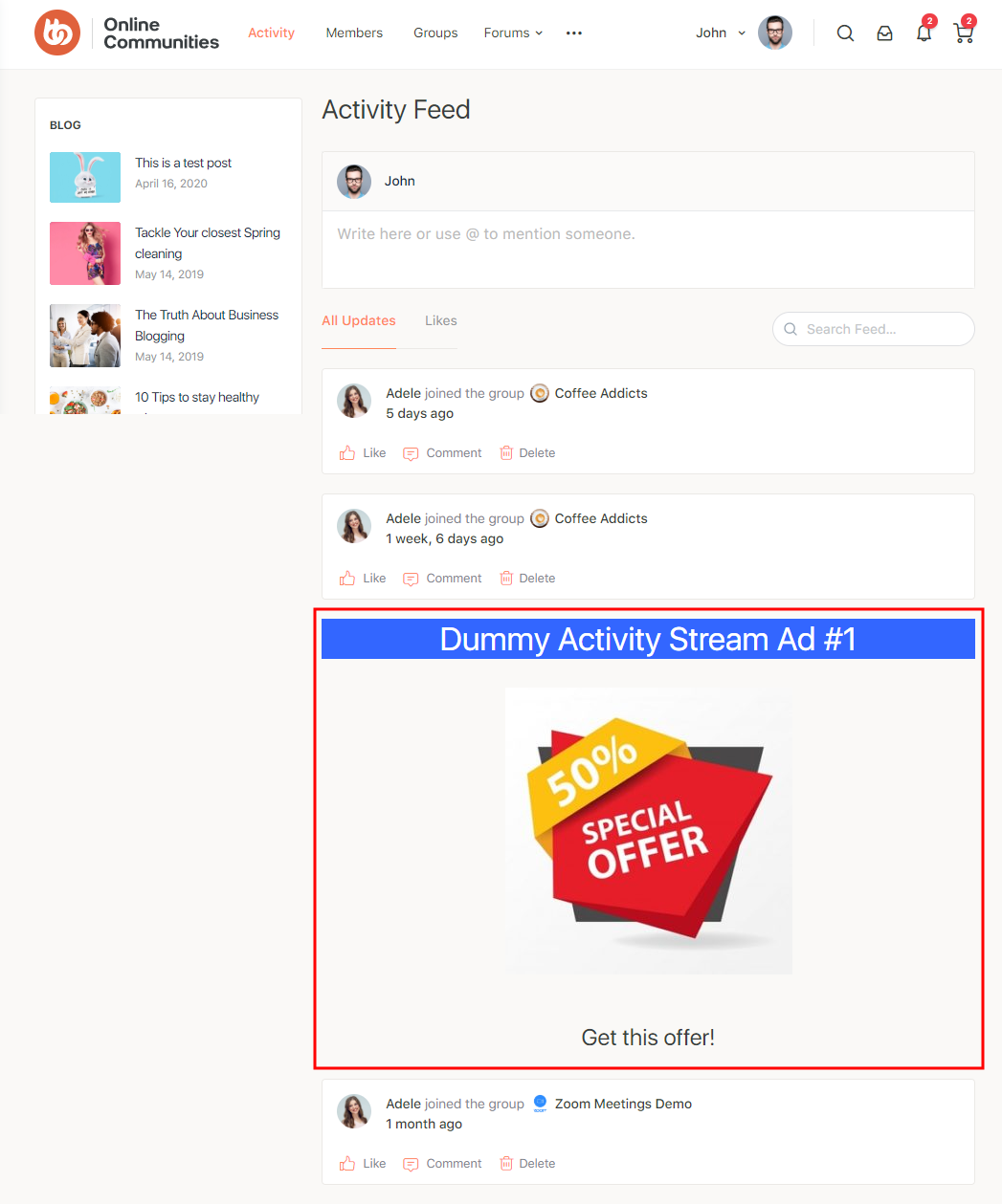 Advanced Ads Pro - BuddyBoss Integration - Ad preview on Activity feed
